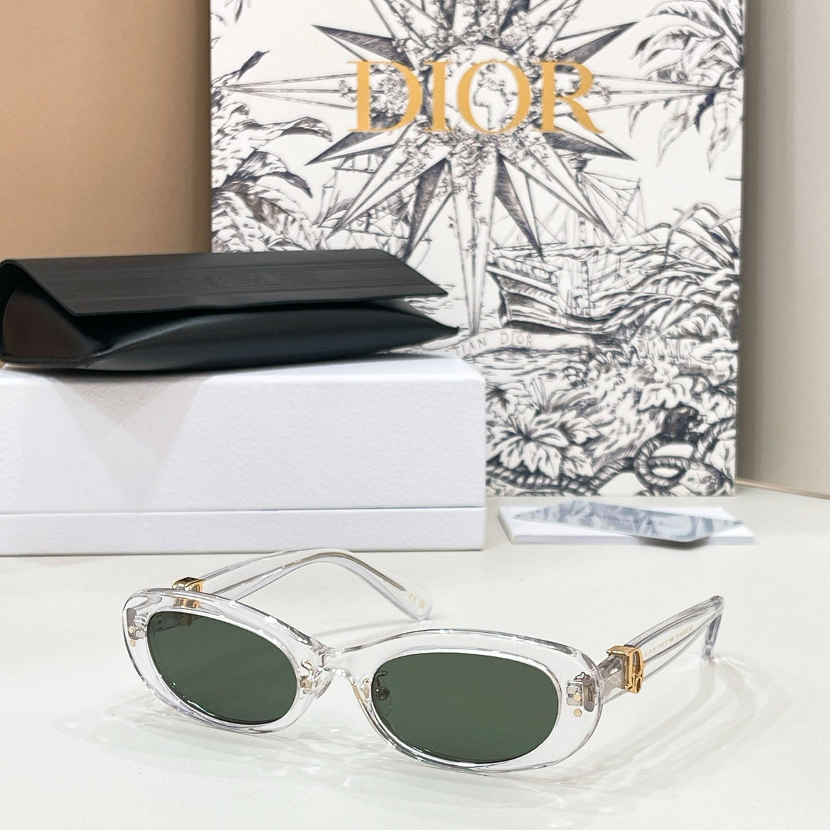 D**R Slim Oval Sunglasses with Clear Transparent Acetate Frame, Forest Green Lenses & Gold Logo Hardware
