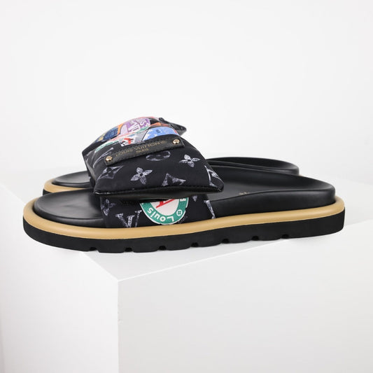 L***V Monogram Eclipse Black Multicolor Badge Patch Wide Strap Slide Sandals — Spring Summer Boutique Limited Edition