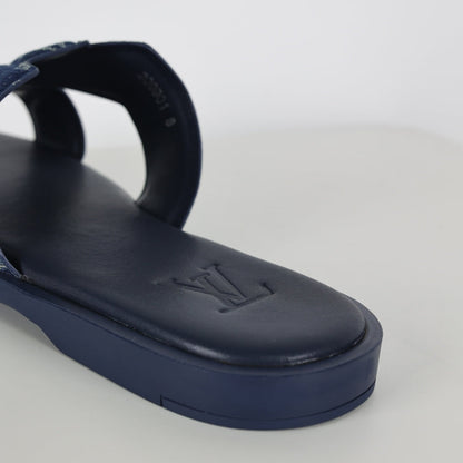 L***V Navy Blue Monogram Denim Jacquard H-Strap Multi-Band Oasis Flat Slide Sandals — Spring Summer Boutique Limited Edition