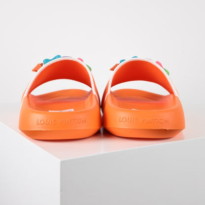 L***V Orange 3D Multicolor Pop Logo Wide Strap Slide Sandals — Spring Summer Boutique Limited Edition