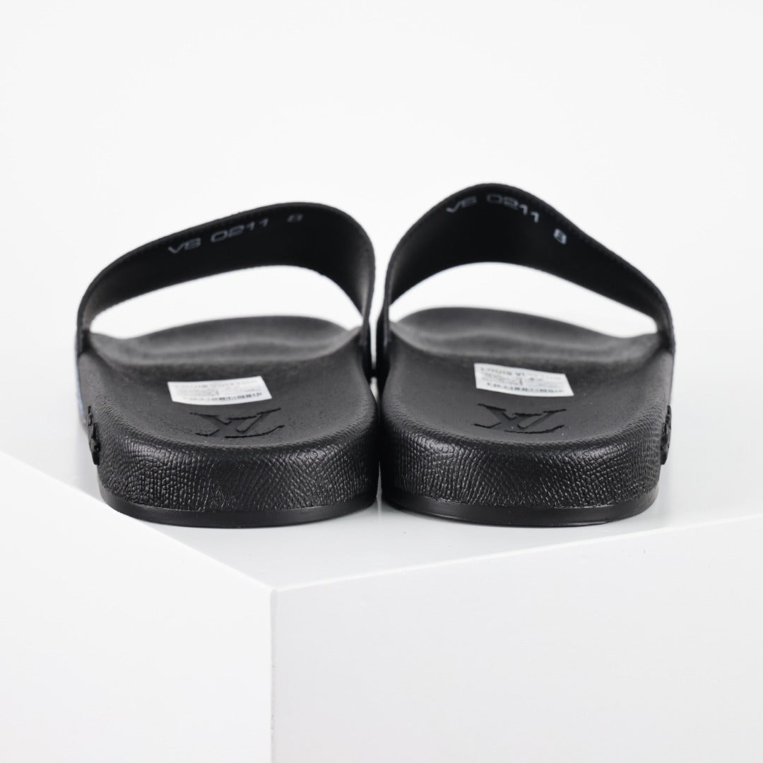 L***V Navy Blue Damier Jacquard LOUIS VUITTON PARIS Text Print Waterfront Wide Strap Slide Sandals — Spring Summer Boutique Limited Edition