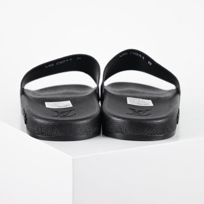 L***V Navy Blue Damier Jacquard LOUIS VUITTON PARIS Text Print Waterfront Wide Strap Slide Sandals — Spring Summer Boutique Limited Edition