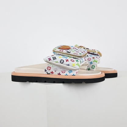 L***V White Multicolor Monogram Gold Zipper Bow Wide Strap Pool Pillow Slide Sandals — Spring Summer Boutique Limited Edition