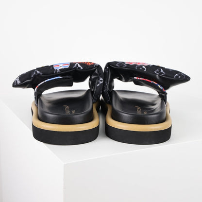 L***V Monogram Eclipse Black Multicolor Badge Patch Wide Strap Slide Sandals — Spring Summer Boutique Limited Edition