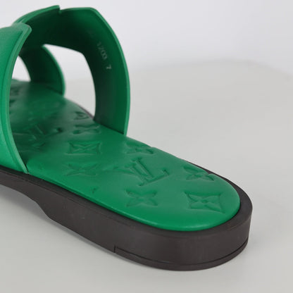 L***V Emerald Green Smooth Leather H-Strap Multi-Band Oasis Flat Slide Sandals — Spring Summer Boutique Limited Edition