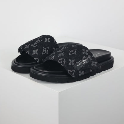 L***V All-Black Tonal Monogram Double Strap Flat Slide Sandals — 2024 Spring Summer Boutique Limited Edition