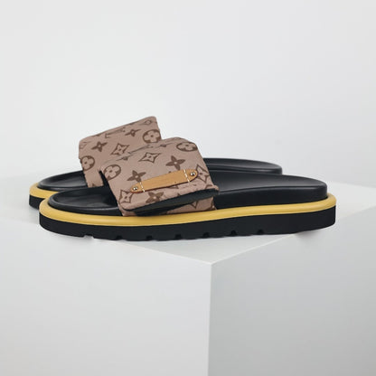 L***V Brown Classic Monogram Canvas Wide Strap Platform Slide Sandals — 2024 Spring Summer Boutique Limited Edition