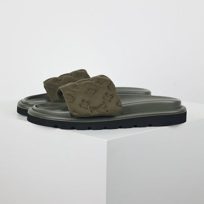 L***V Olive Green Tonal Monogram Puffy Quilted Wide Strap Flat Slide Sandals — 2024 Spring Summer Boutique Limited Edition