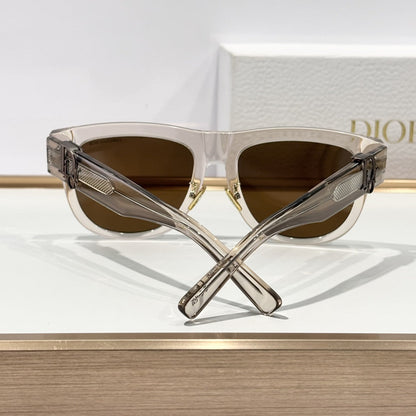 D**R Square Cat-Eye Sunglasses | Transparent Champagne Acetate Frame, 3D CD Letter Hinge Block, Flat Brown Lenses