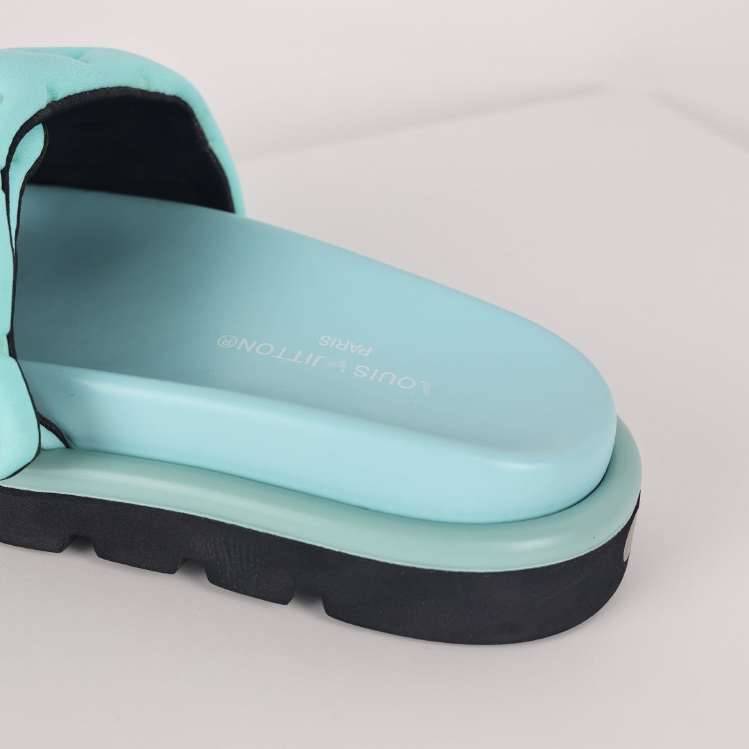L***V Mint Green Tonal Monogram Puffy Quilted Wide Strap Platform Slide Sandals — 2024 Spring Summer Boutique Limited Edition