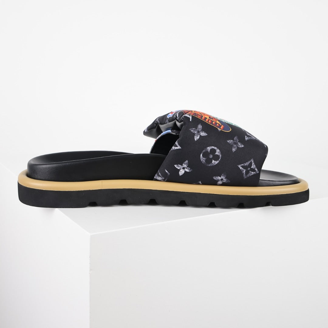 L***V Monogram Eclipse Black Multicolor Badge Patch Wide Strap Slide Sandals — Spring Summer Boutique Limited Edition