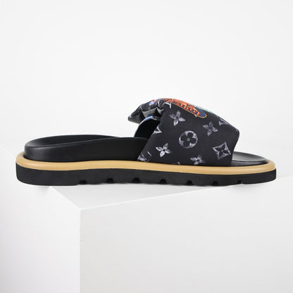 L***V Monogram Eclipse Black Multicolor Badge Patch Wide Strap Slide Sandals — Spring Summer Boutique Limited Edition