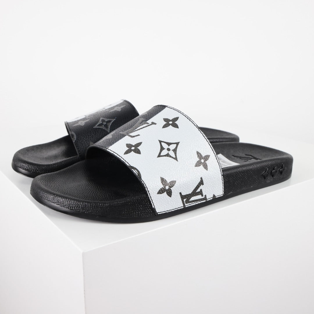 L***V White Black Grey Giant Monogram Waterfront Wide Strap Slide Sandals — Spring Summer Boutique Limited Edition