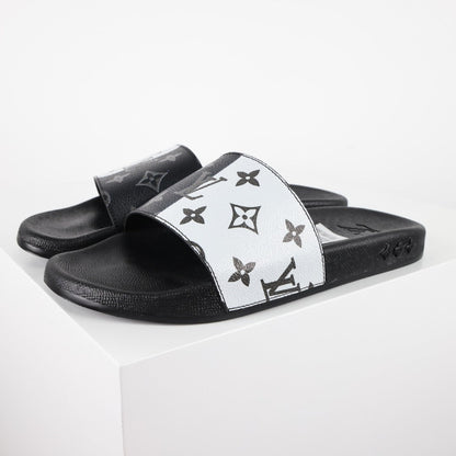 L***V White Black Grey Giant Monogram Waterfront Wide Strap Slide Sandals — Spring Summer Boutique Limited Edition