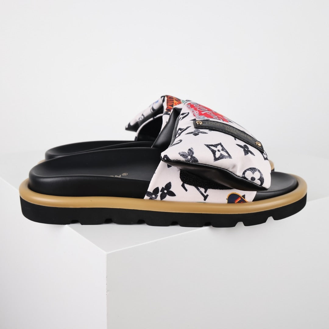 L***V White Multicolor Graffiti Monogram Velcro Adjustable Strap Slide Sandals — Spring Summer Boutique Limited Edition
