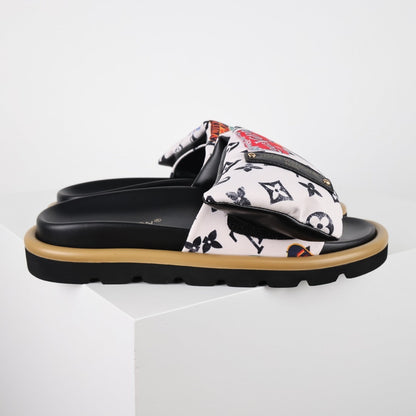 L***V White Multicolor Graffiti Monogram Velcro Adjustable Strap Slide Sandals — Spring Summer Boutique Limited Edition