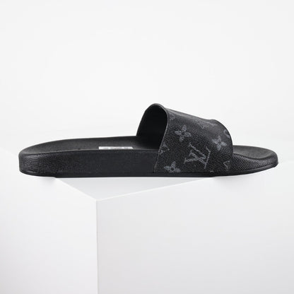 L***V Monogram Eclipse All-Black Waterfront Wide Strap Slide Sandals — Spring Summer Boutique Limited Edition