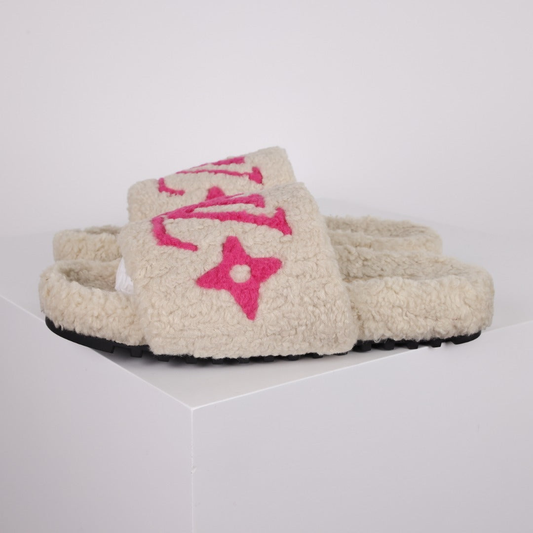 L***V Cream White Hot Pink Monogram Shearling Lambswool Single Strap Slide Sandals — Autumn Winter Boutique Limited Edition