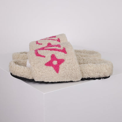 L***V Cream White Hot Pink Monogram Shearling Lambswool Single Strap Slide Sandals — Autumn Winter Boutique Limited Edition