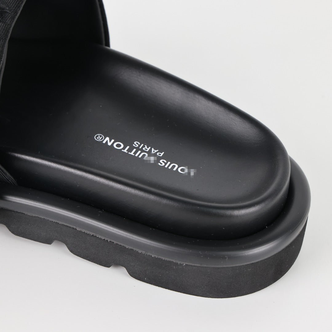 L***V All-Black Quilted Diamond Texture Wide Strap Slide Sandals — Spring Summer Boutique Limited Edition