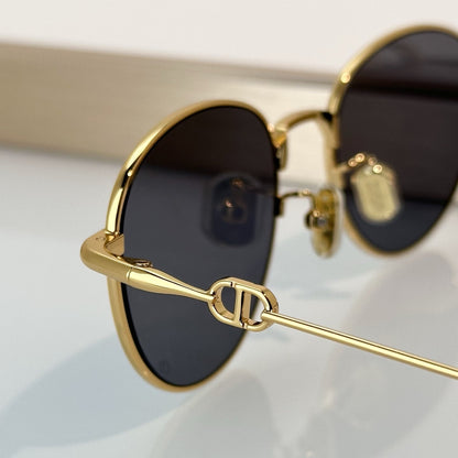 D**R Slim Round Sunglasses with Polished Gold Metal Wire Frame, Dark Grey Solid Lenses & CD Monogram Lens Detail