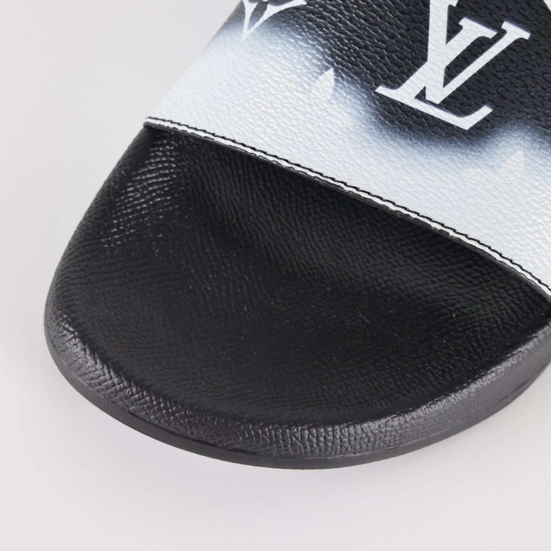 L***V Black White Gradient Oversized Monogram Waterfront Wide Strap Slide Sandals — Spring Summer Boutique Limited Edition