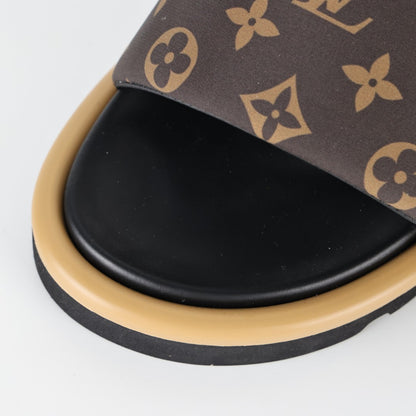 L***V Monogram Canvas LV Logo Slide Sandals — SS24 Gold Hardware Wide Band Slip-On Pool Beach Slippers (4 Colors)