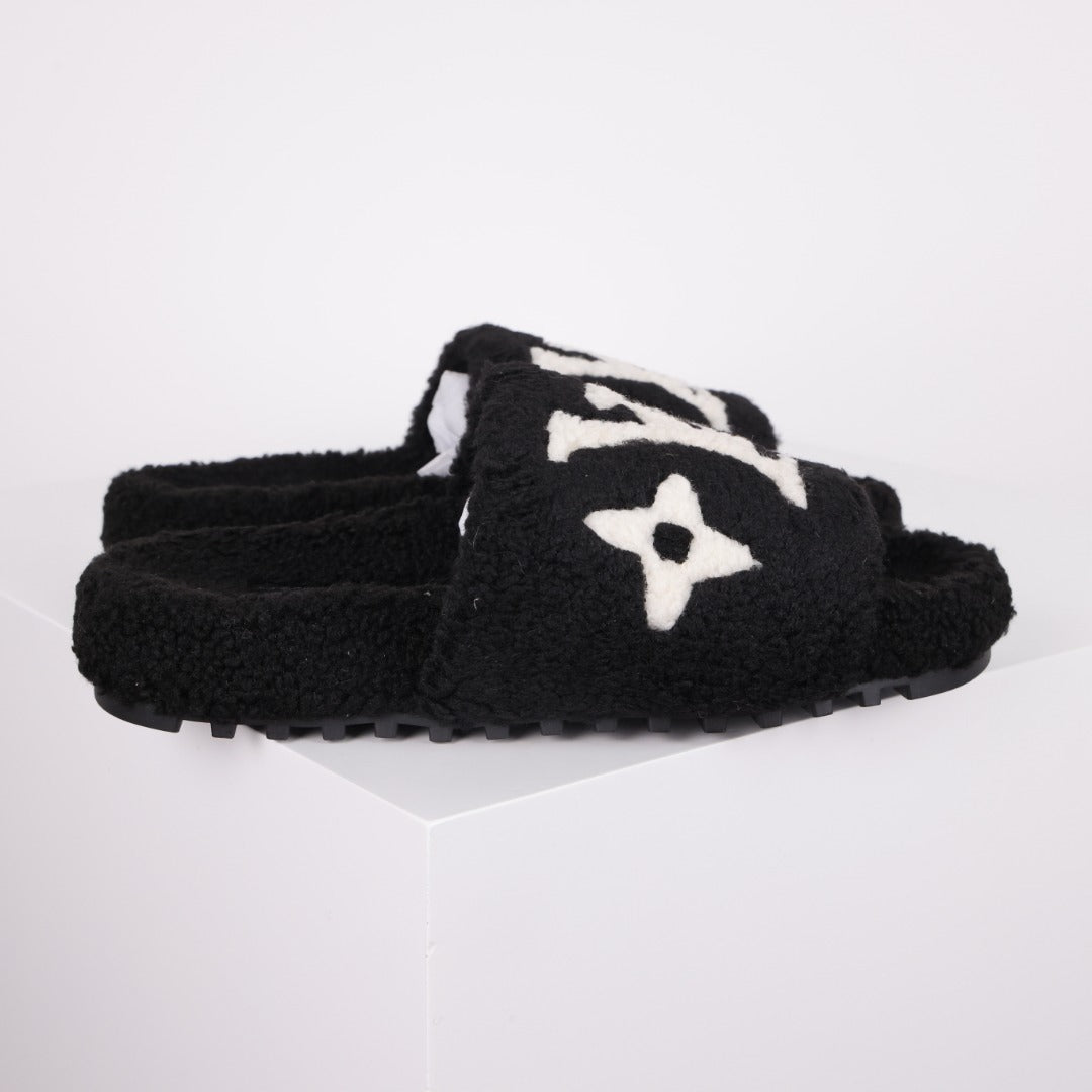 L***V Black White Monogram Shearling Lambswool Fluffy Double Strap Slide Sandals — Autumn Winter Boutique Limited Edition
