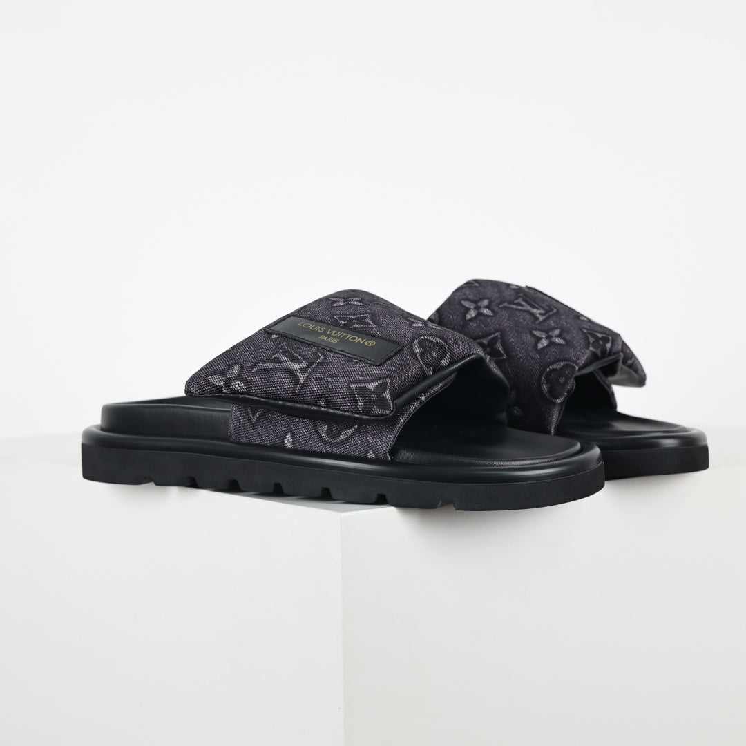 L***V All-Black Embossed Monogram Leather Wide Strap Platform Slide Sandals — Spring Summer Boutique Limited Edition