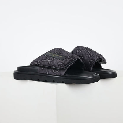 L***V All-Black Embossed Monogram Leather Wide Strap Platform Slide Sandals — Spring Summer Boutique Limited Edition
