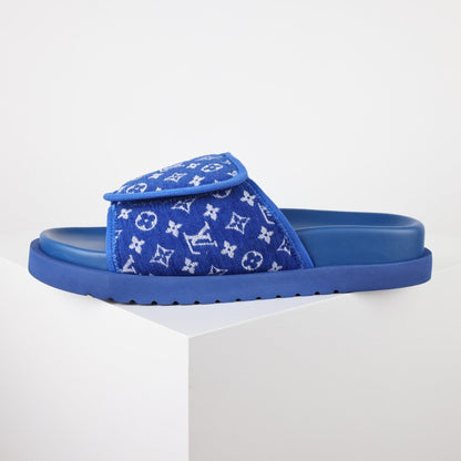 L***V Royal Blue Monogram Jacquard Velcro Adjustable Wide Strap Miami Slide Sandals — Spring Summer Boutique Limited Edition