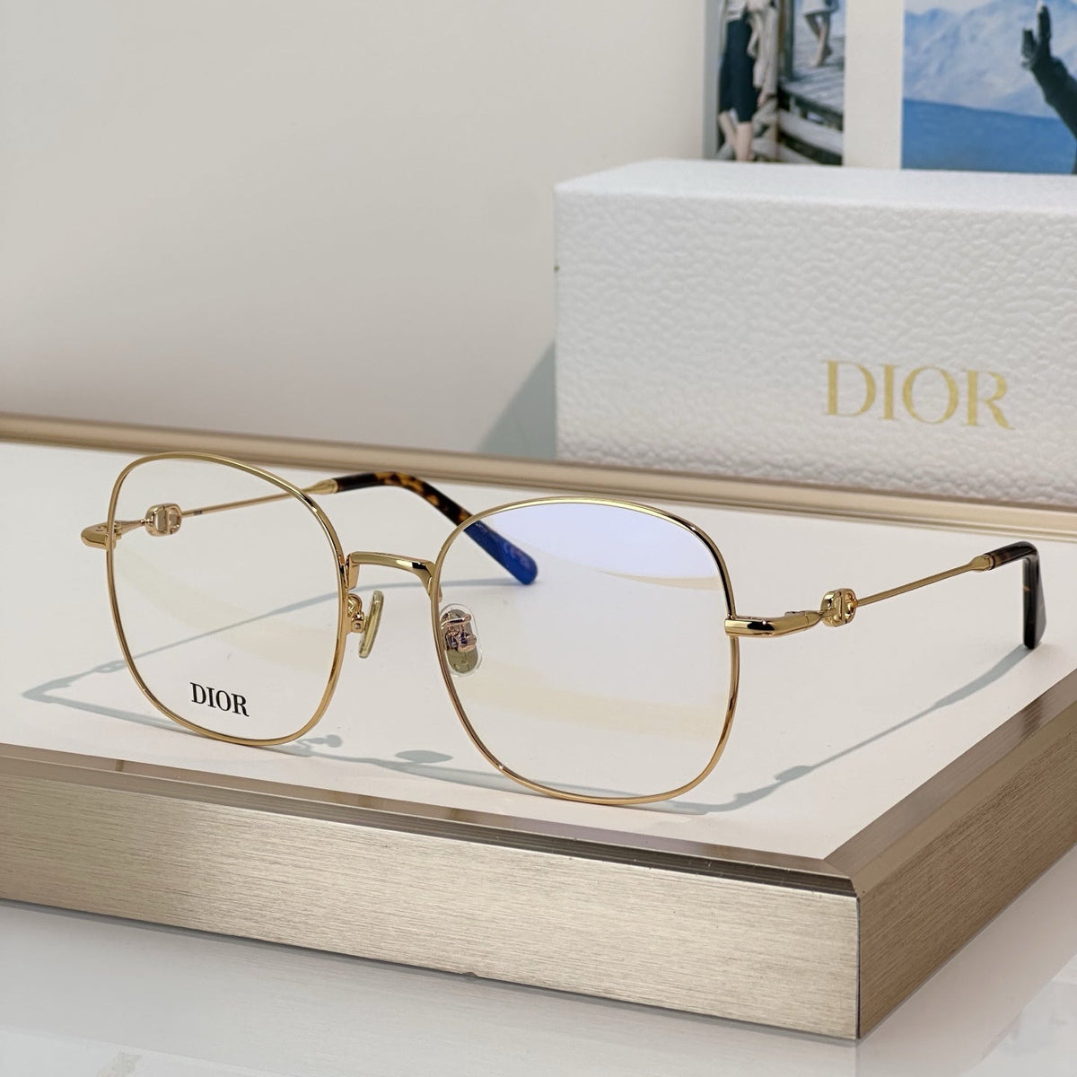 D**R Square Round Optical Glasses with Slim Gold Metal Wire Frame, Clear Blue Light Lenses & CD Logo Hinge Hardware