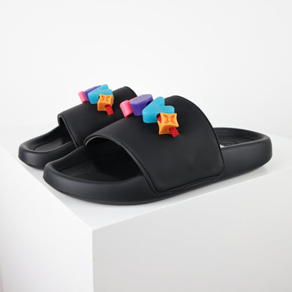 L***V Rubber Pool Slide Sandals — SS23 Limited Edition 3D Logo Charm Slip-On Beach Slippers (Black)