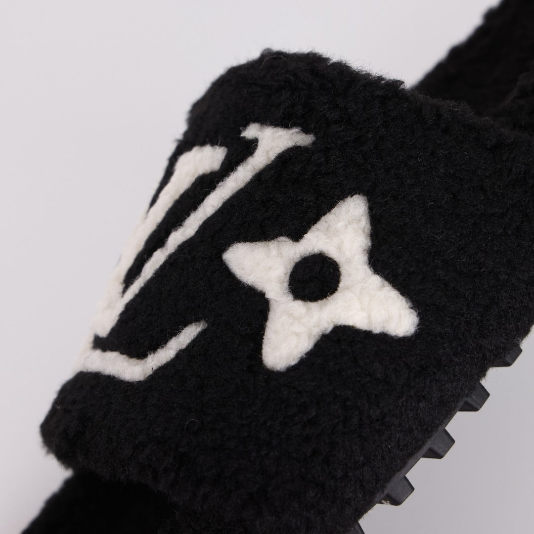 L***V Black White Monogram Shearling Lambswool Fluffy Double Strap Slide Sandals — Autumn Winter Boutique Limited Edition