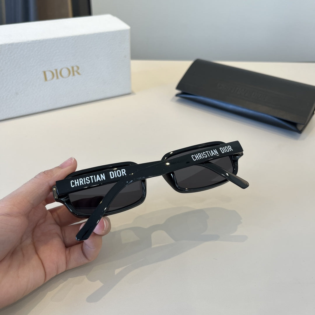 D**R Narrow Rectangle Sunglasses | Glossy Black Acetate Frame, Star Detail & Dark Lenses