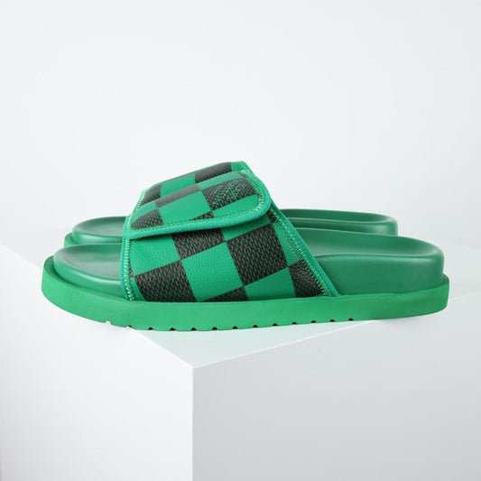 L***V Grass Green Black Damier Checkerboard Velcro Adjustable Wide Strap Miami Slide Sandals — Spring Summer Boutique Limited Edition