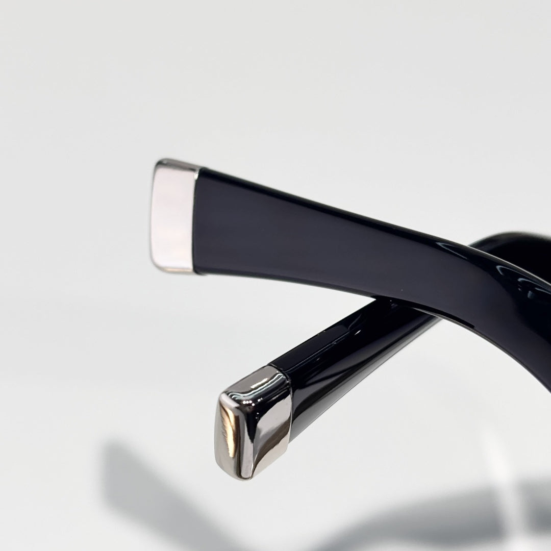 D**R Oversized Square Acetate Sunglasses | Gloss Black Frame, CD Rivet Temple, Silver Metal Tip, Light Gradient Grey Lenses