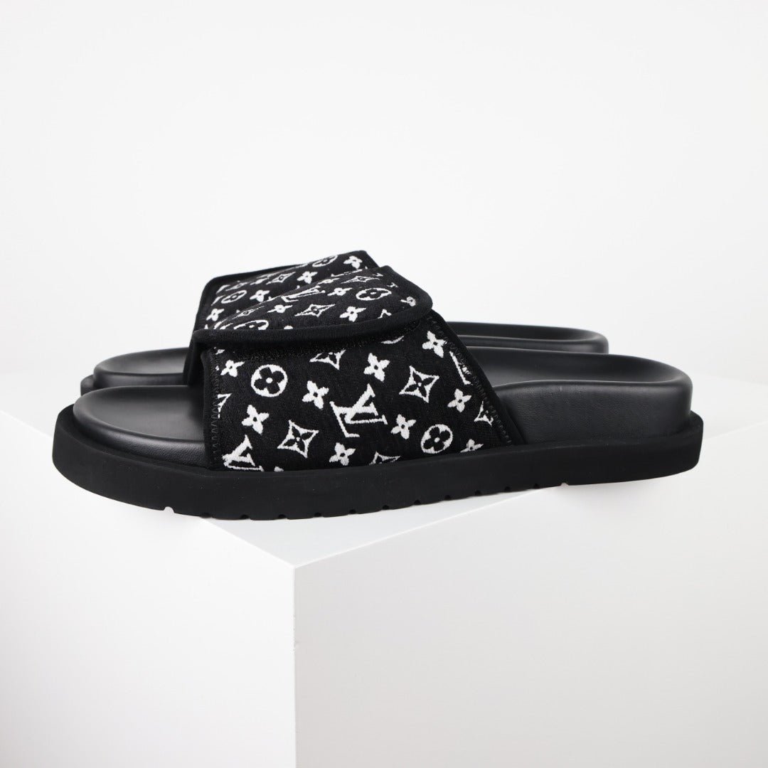 L***V Black White Monogram Woven Jacquard Slip-On Wide Strap Miami Slide Sandals — Spring Summer Boutique Limited Edition