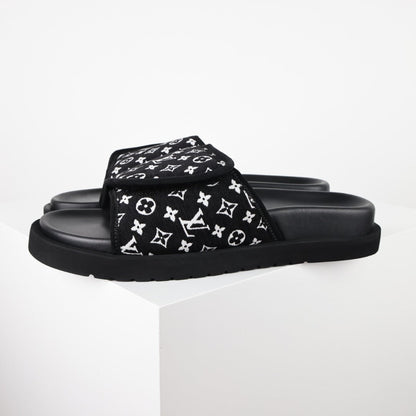 L***V Black White Monogram Woven Jacquard Slip-On Wide Strap Miami Slide Sandals — Spring Summer Boutique Limited Edition