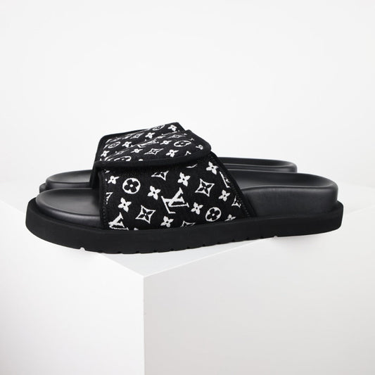 L***V Black White Monogram Woven Jacquard Slip-On Wide Strap Miami Slide Sandals — Spring Summer Boutique Limited Edition