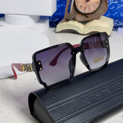 D**R Oversized Square Sunglasses | Black Frame, Red Temple, Gold CD Logo & Blue-Grey Gradient Lenses