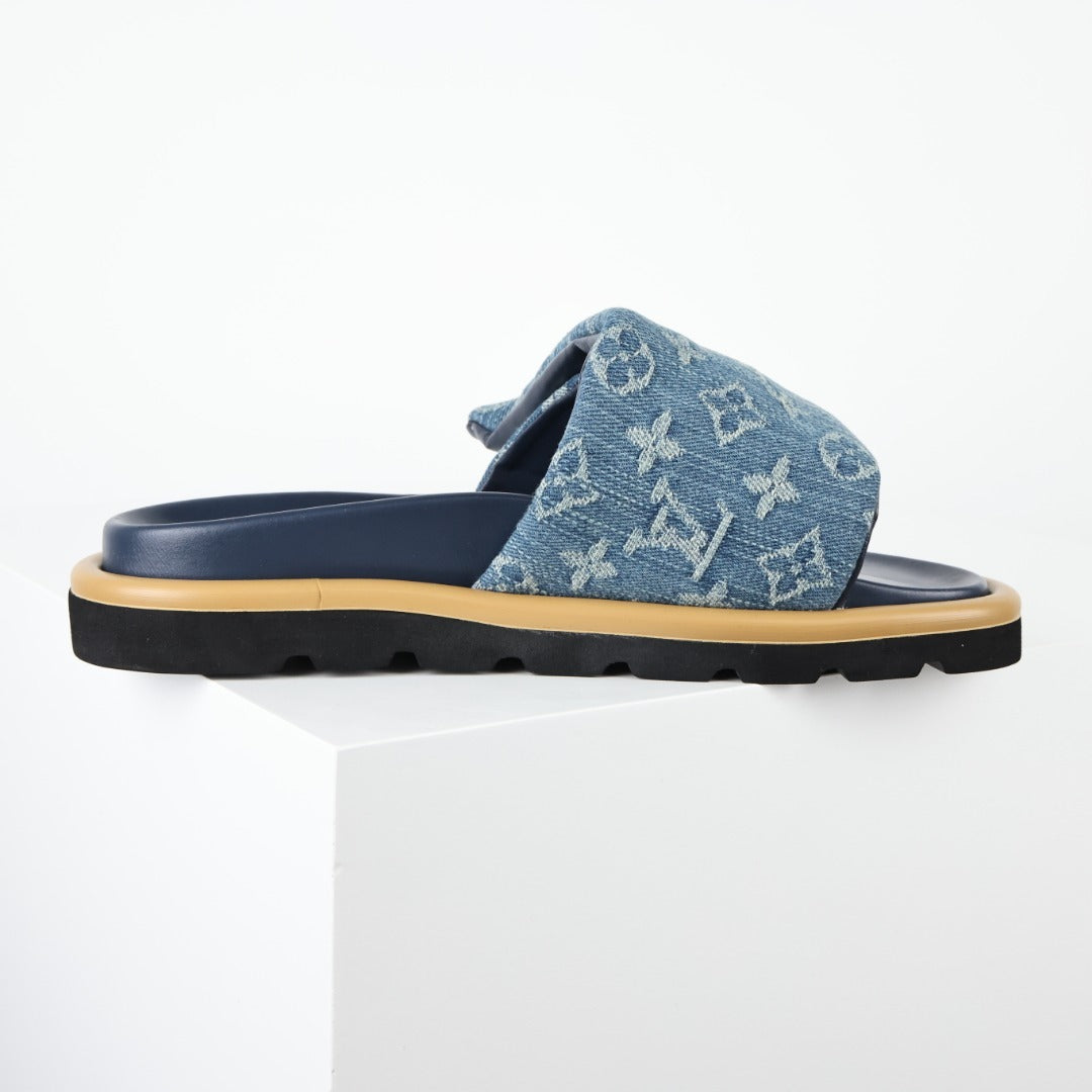 L***V Denim Monogram Double Strap Velcro Slide Sandals — SS24 Wide Band Slip-On Pool Beach Slippers (4 Colors)