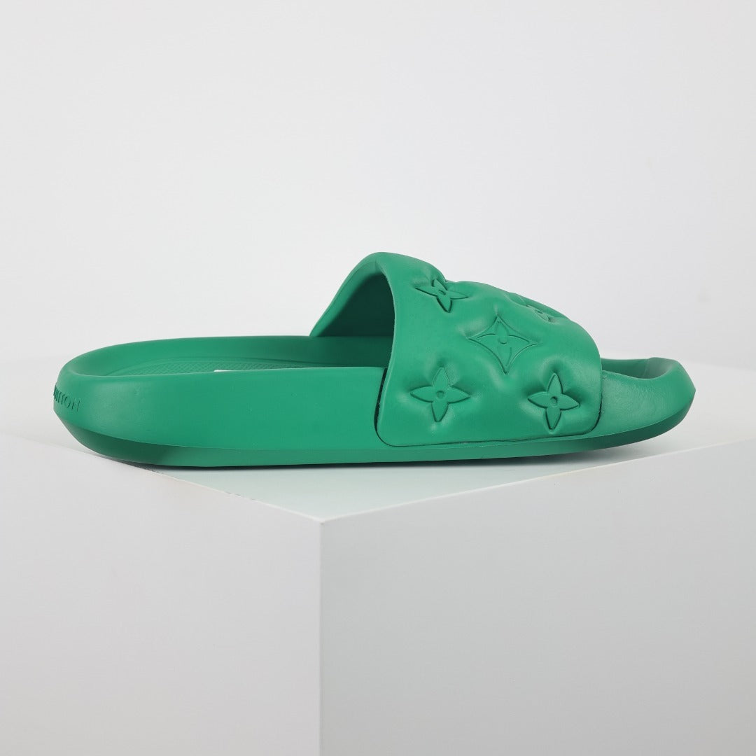 L***V Kelly Green Tonal Monogram Embossed Waterproof EVA Waterfront Wide Strap Slide Sandals — Spring Summer Boutique Limited Edition