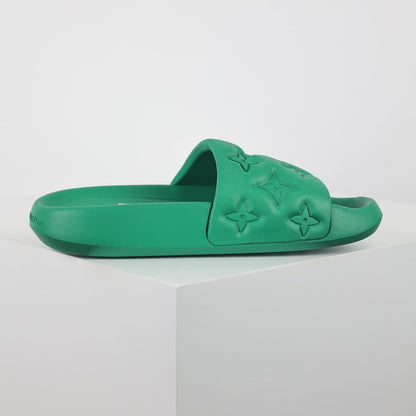 L***V Kelly Green Tonal Monogram Embossed Waterproof EVA Waterfront Wide Strap Slide Sandals — Spring Summer Boutique Limited Edition