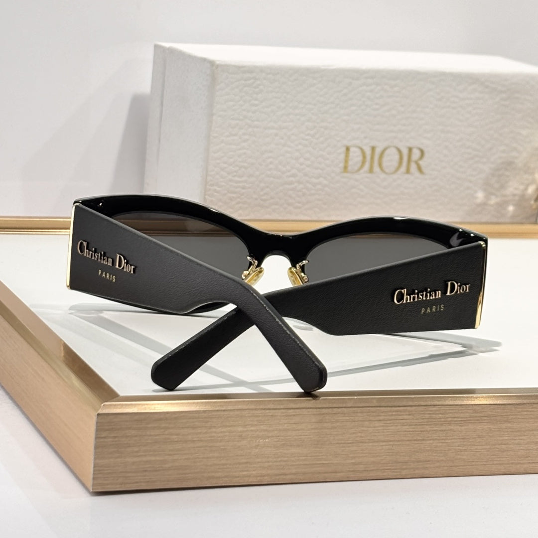D**R Narrow Cat-Eye Sunglasses | Sleek Black Acetate Frame, Gold Hinge, Christian Dior Paris Temple, Flat Grey Lenses | Multiple Colors