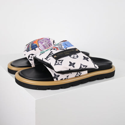 L***V White Multicolor Graffiti Monogram Velcro Adjustable Strap Slide Sandals — Spring Summer Boutique Limited Edition