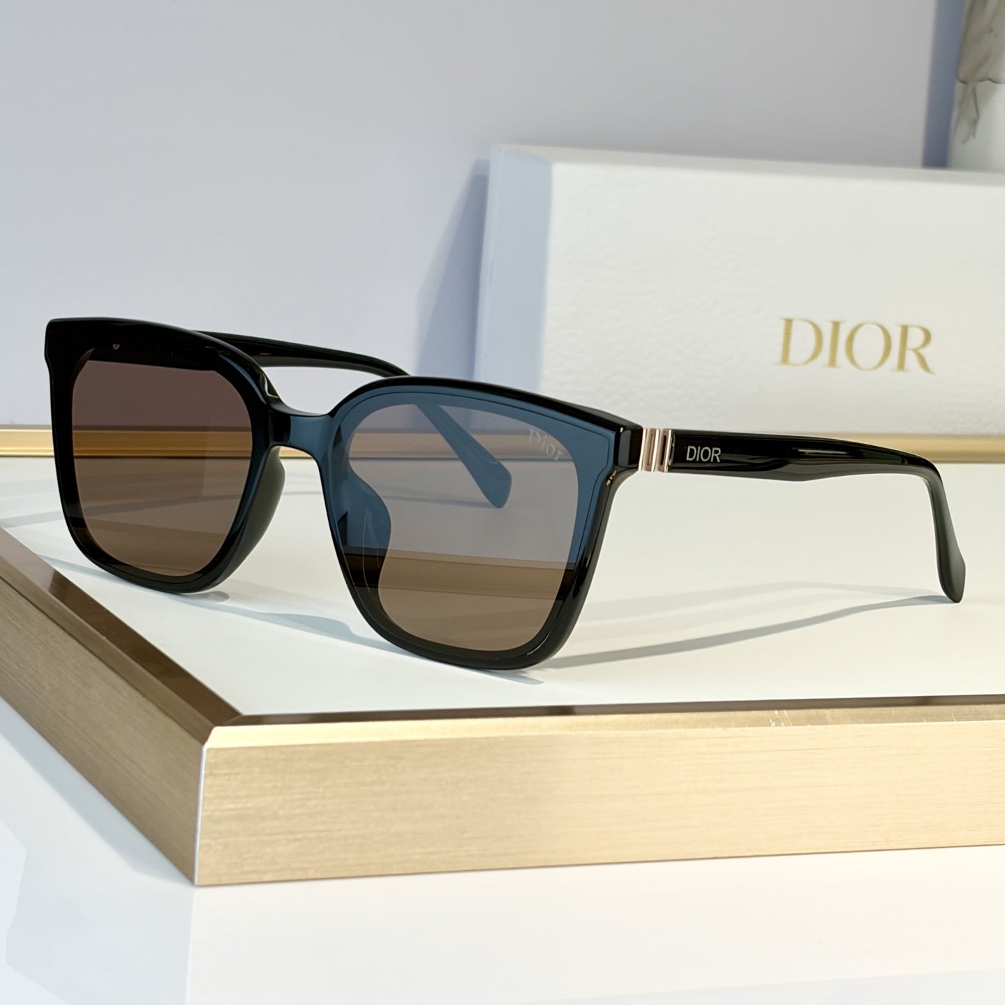 D**R Oversized Square Cat-Eye Sunglasses | Two-Layer Acetate Frame, Triple-Bar Metal Hinge, DIOR Temple Lettering | 4 Colors incl. Black-Blue & Black-Grey