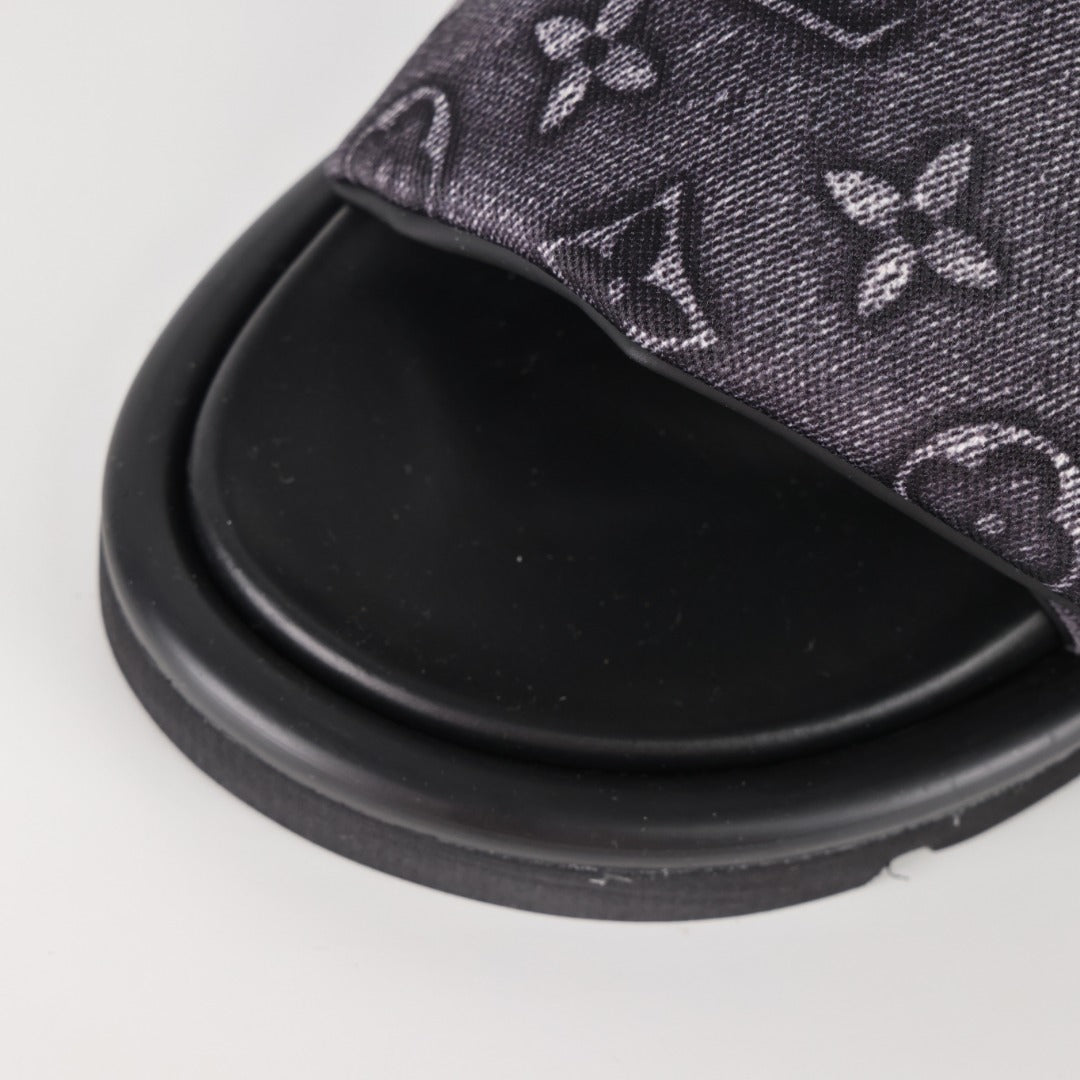 L***V Monogram Embossed Velcro Strap Slide Sandals — All-Black Wide Band Pool Beach Slippers (8 Colors)