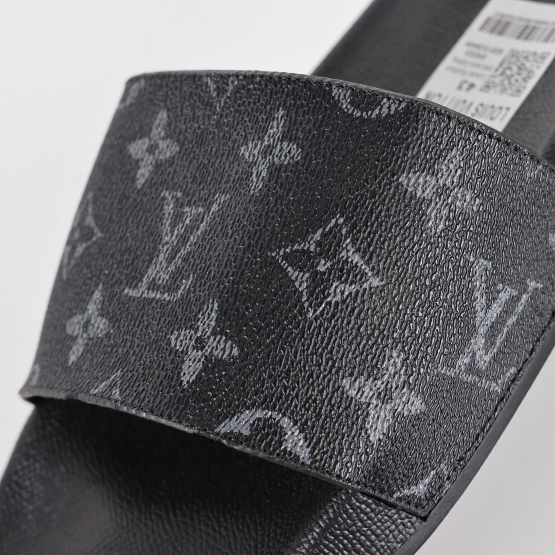 L***V Monogram Eclipse All-Black Waterfront Wide Strap Slide Sandals — Spring Summer Boutique Limited Edition
