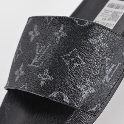 L***V Monogram Eclipse All-Black Waterfront Wide Strap Slide Sandals — Spring Summer Boutique Limited Edition